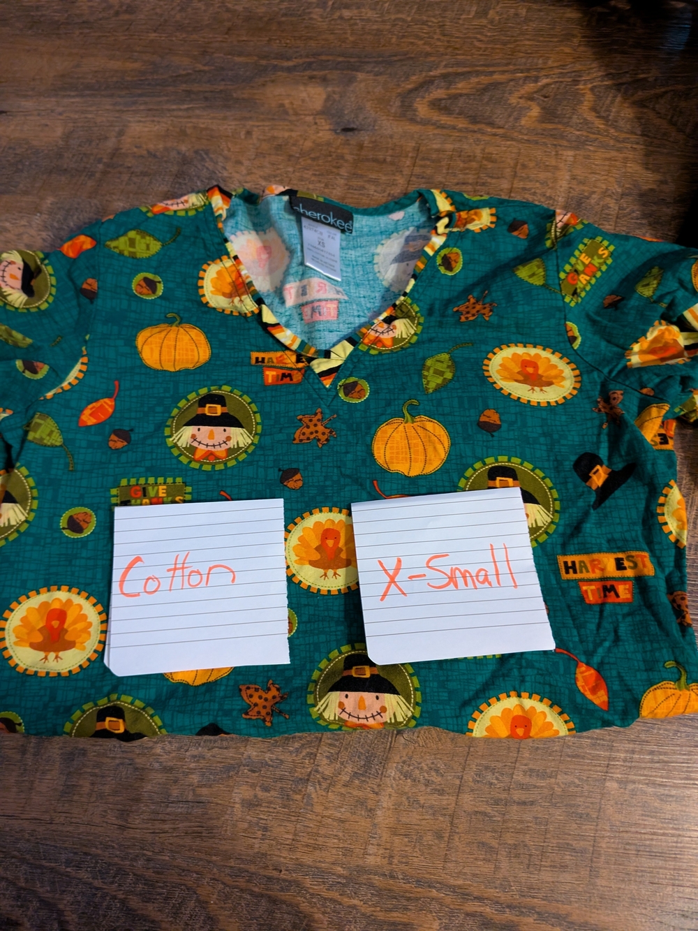 Cherokee Green Pumpkin & Harvest Print Scrub Top